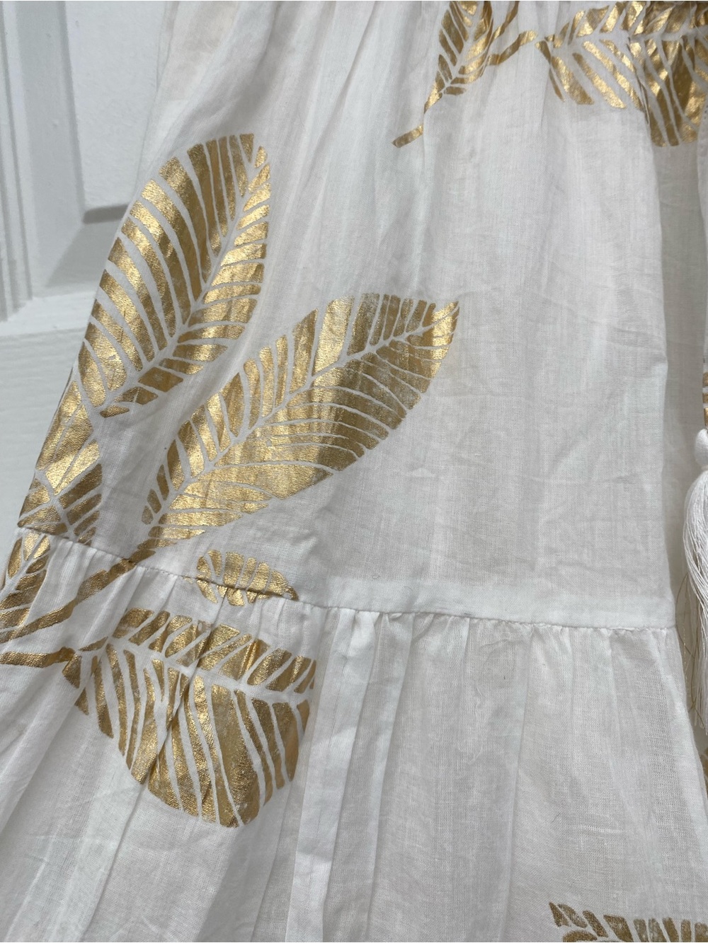 NWT Debbie Katz White Maxi Skirt w Metallic Gold Leaf Print & Drawstring Waist L - Picture 2 of 8